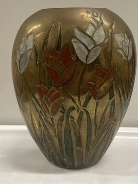 Vintage Brass Floral Vase 7in Tall Etched Flowers